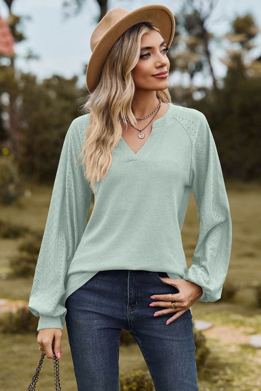Notched Neck Raglan Sleeve Blouse Light Green Trendsi eaeef5e39fb84a819acbf058a5b1606d-Max