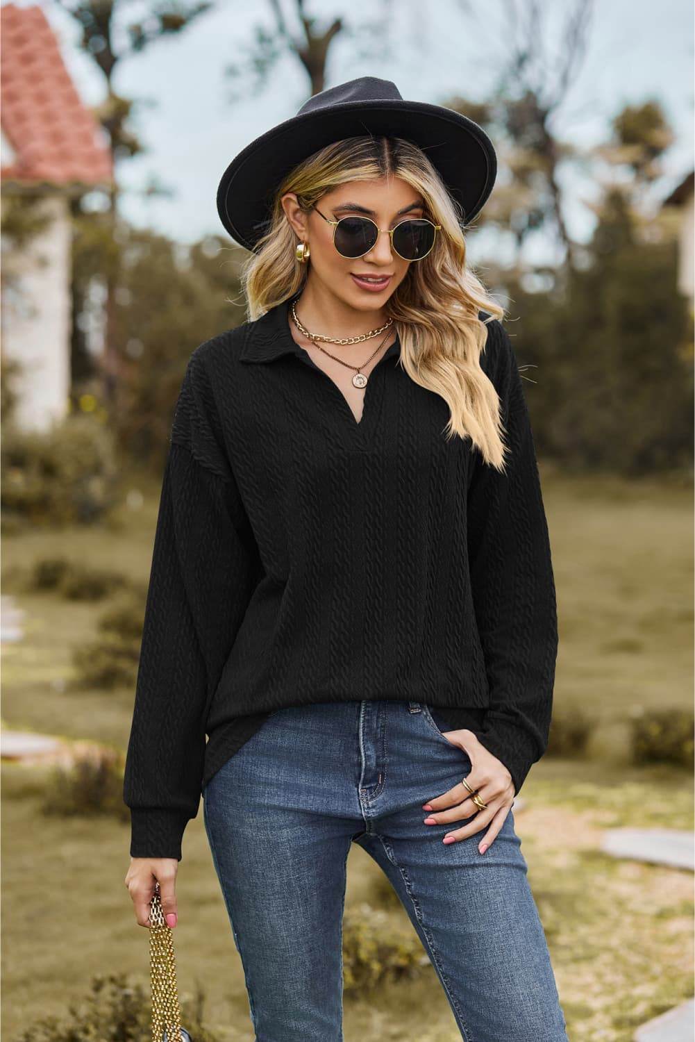 Collared Neck Cable-Knit Long Sleeve Blouse Black Trendsi eb05ec0f6afa43c7833c8e668fc43ac6-Max
