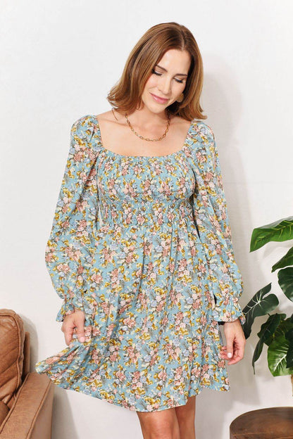 Honey Floral Smocked Flounce Sleeve Square Neck Dress Trendsi eb1a800ba20a45b99c9a9ded79112a51-Max
