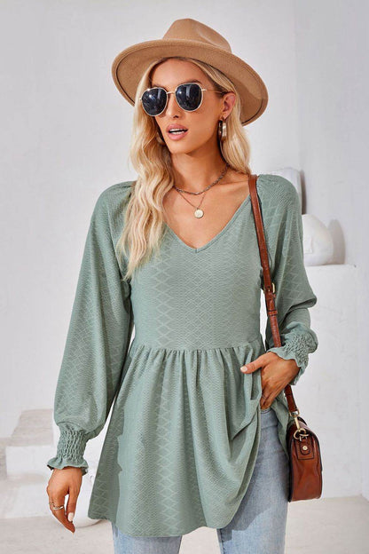 V-Neck Lantern Sleeve Blouse Sage Trendsi eb32057492fe43e99c03b3f45e42e585-Max