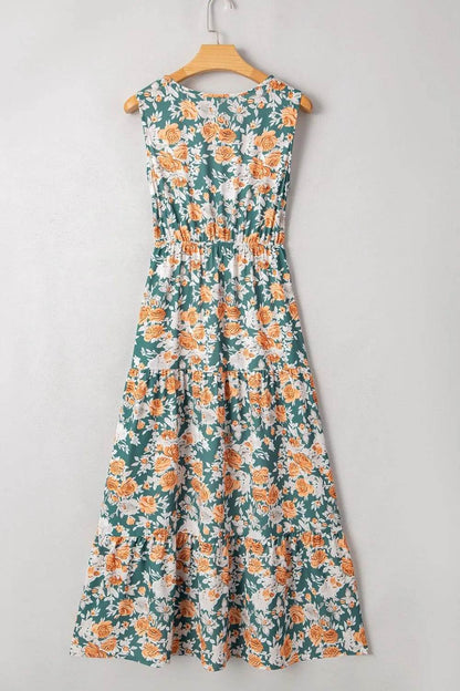 Floral Print Trimmed V Neck Tie Waist Sleeveless Dress Trendsi eb59ff4f-d67f-44b2-bdb2-330f0cf0a349-Max-Origin