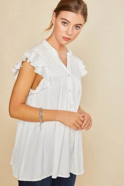 Annie Wear Ruffle Sleeve Shirred Flowy Woven Tunic Shirts Trendsi eb807eaee5814b779233f47975dd0c4d-Max-Origin