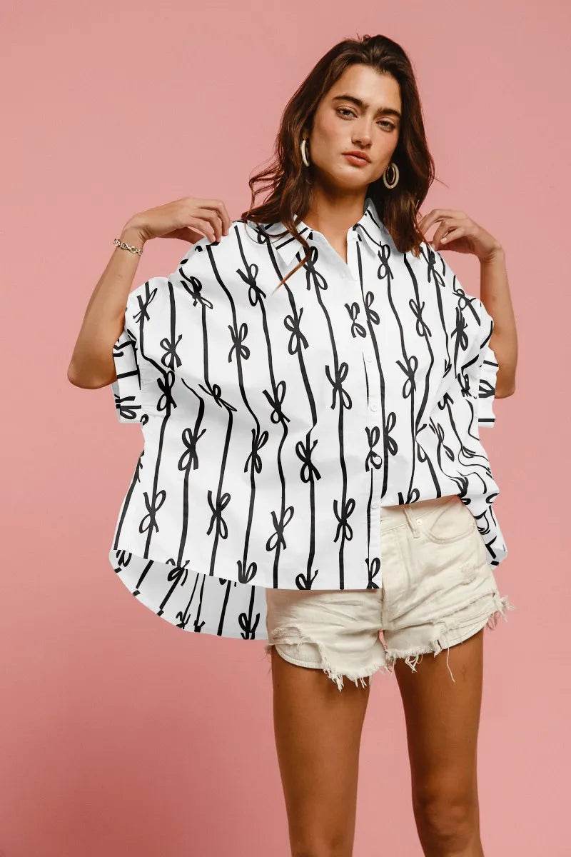 BiBi Bow Ribbon Woven Printed Button Down Shirt OFF WHITE BLACK Trendsi eb9abcf0228241e1afe4f427bae6c047-Max-Origin