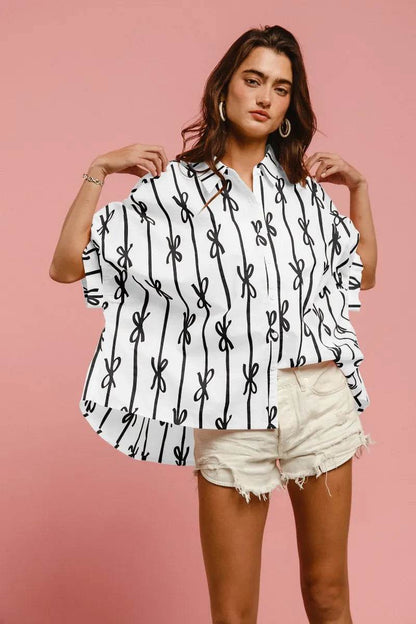 BiBi Bow Ribbon Woven Printed Button Down Shirt OFF WHITE BLACK Trendsi eb9abcf0228241e1afe4f427bae6c047-Max-Origin