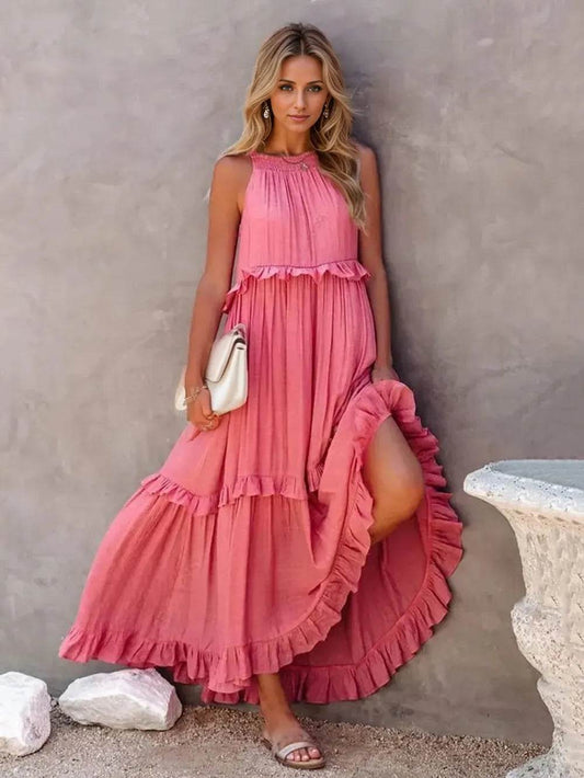 Ruffled Sleeveless Tiered Maxi Dress with Pockets Watermelon pink Trendsi ebb4531b-8641-4a5f-b2e9-43ccf9323463-Max