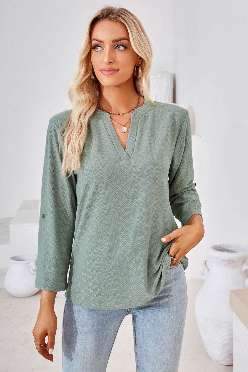V-Neck Roll-Tap Sleeve Blouse Sage Trendsi ebbfcc3880944ef5a62f9fcbb20e8aa5-Max