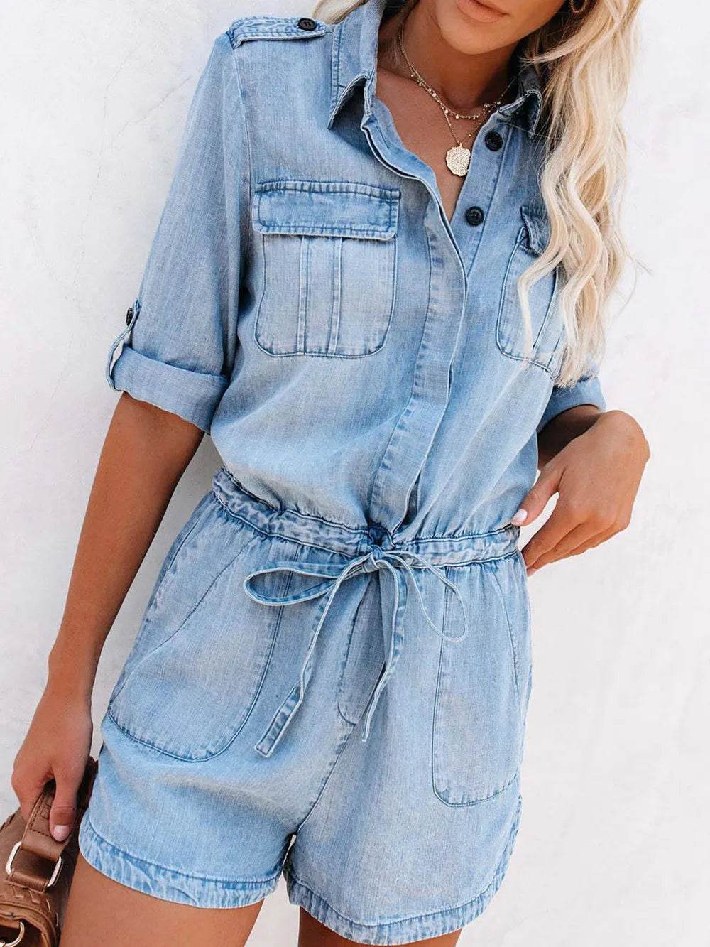 Drawstring Half Button Half Sleeve Denim Romper Trendsi ebdbc609-d882-4e37-a0d1-814ffd506665-Max