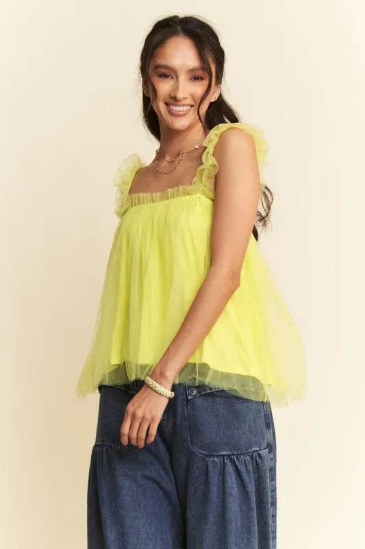 Davi & Dani Shirred Ruffle Strap Tulle Babydoll Top Trendsi ebdbd210e39f424495e375852c8c2b26-Max-Origin
