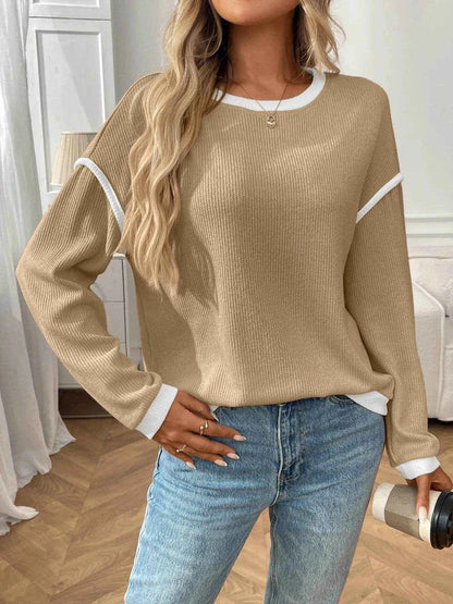 Ribbed Contrast Trim Long Sleeve Top Tan Trendsi ebef34fb-1f10-4c46-a1c7-5e6a56055528-Max-Origin