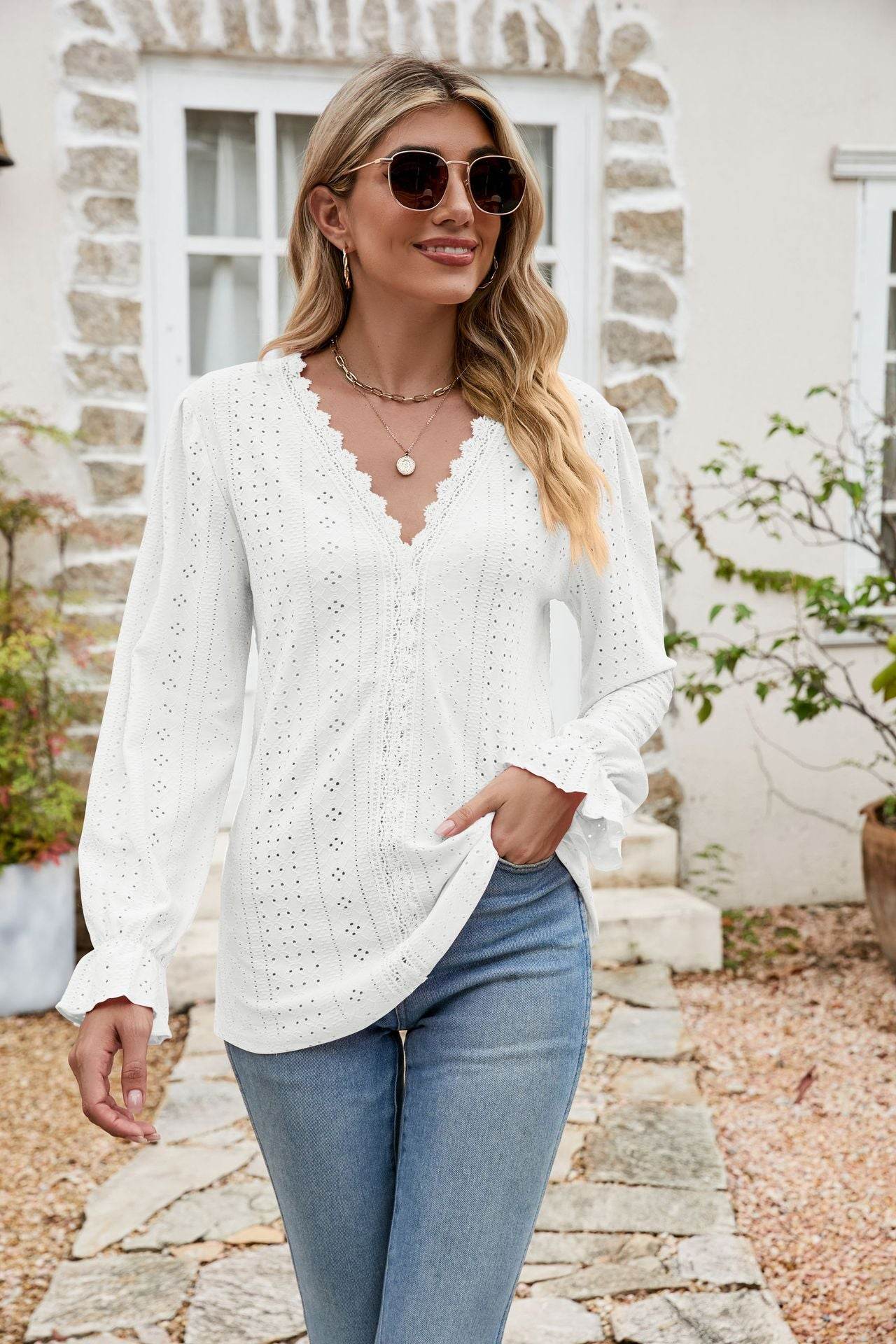 Eyelet Lace Trim Flounce Sleeve Blouse White Trendsi ebf43ca23ebf4edb8602d6d613912af6-Max