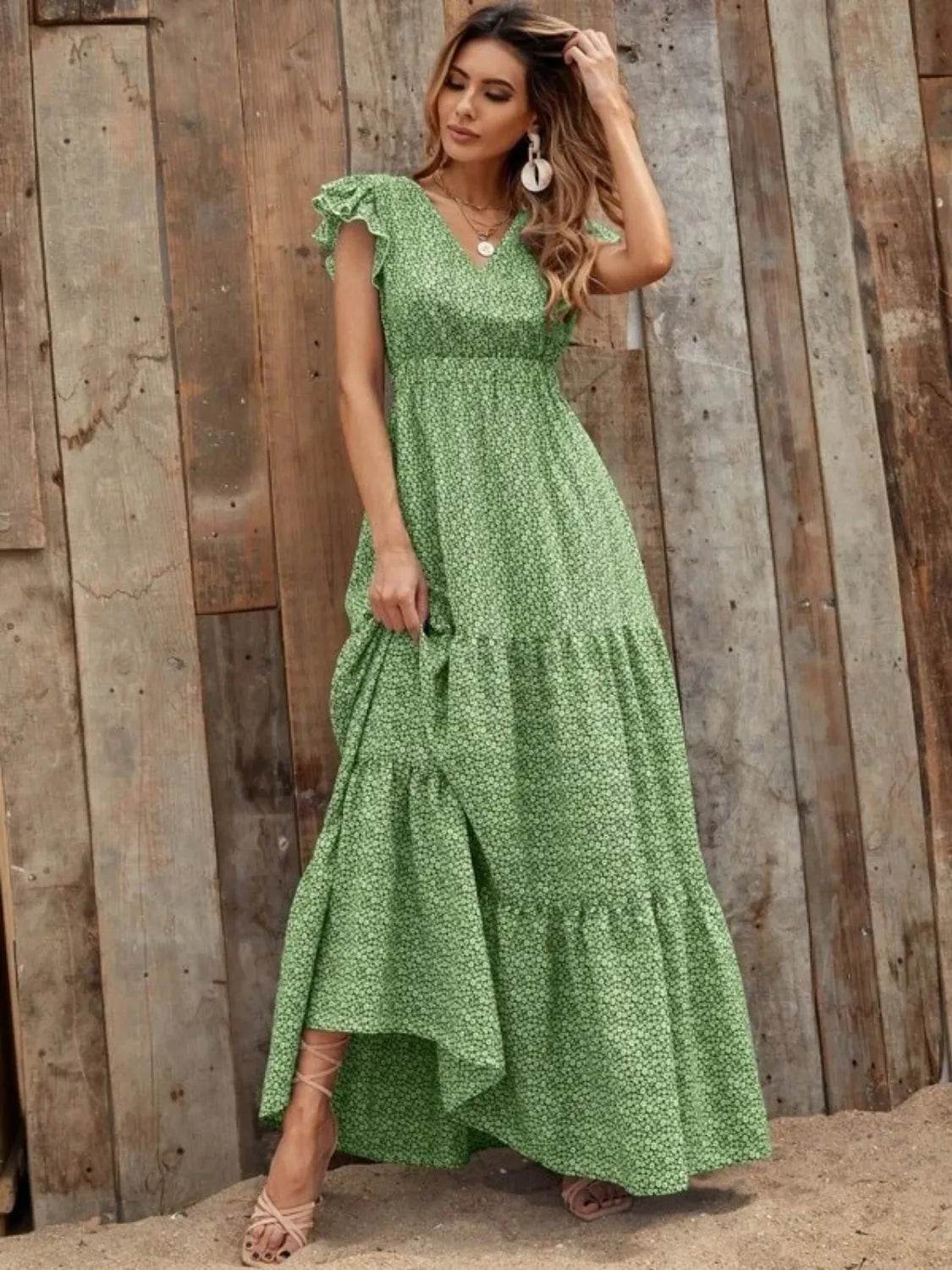 Printed V-Neck Ruffled Cap Sleeve Maxi Dress Green Trendsi ebf9e725-a6e1-4573-b4ff-e9030ac3c8a3-Max-Origin