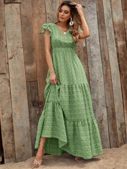 Printed V-Neck Ruffled Cap Sleeve Maxi Dress Green Trendsi ebf9e725-a6e1-4573-b4ff-e9030ac3c8a3-Max-Origin