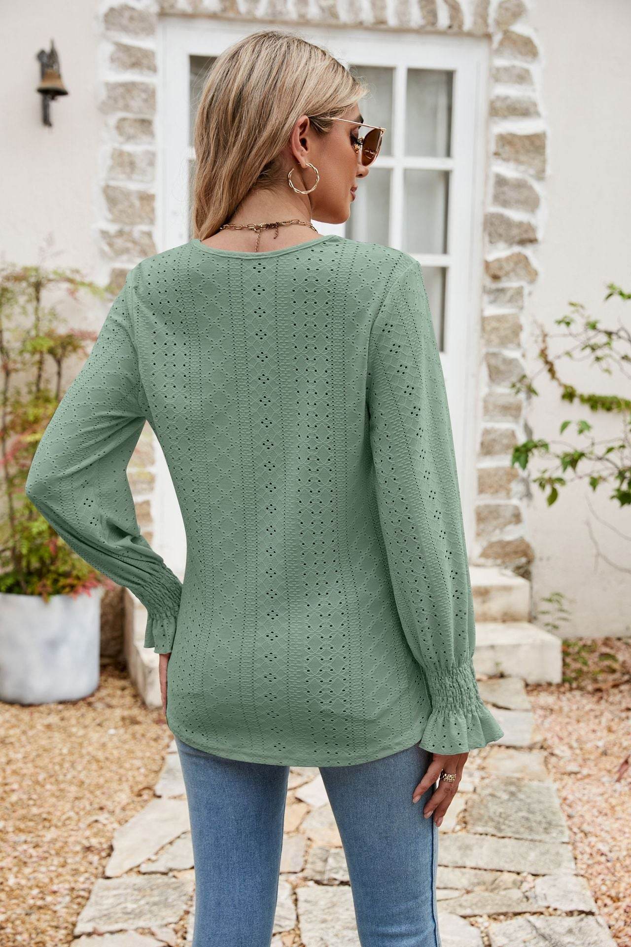 Eyelet Flounce Sleeve V-Neck Blouse Trendsi ec069fcf92a74a4a825ec3e8bb44fc03-Max