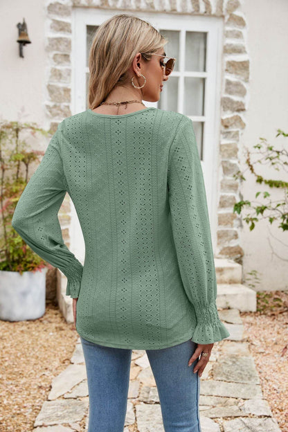 Eyelet Flounce Sleeve V-Neck Blouse Trendsi ec069fcf92a74a4a825ec3e8bb44fc03-Max