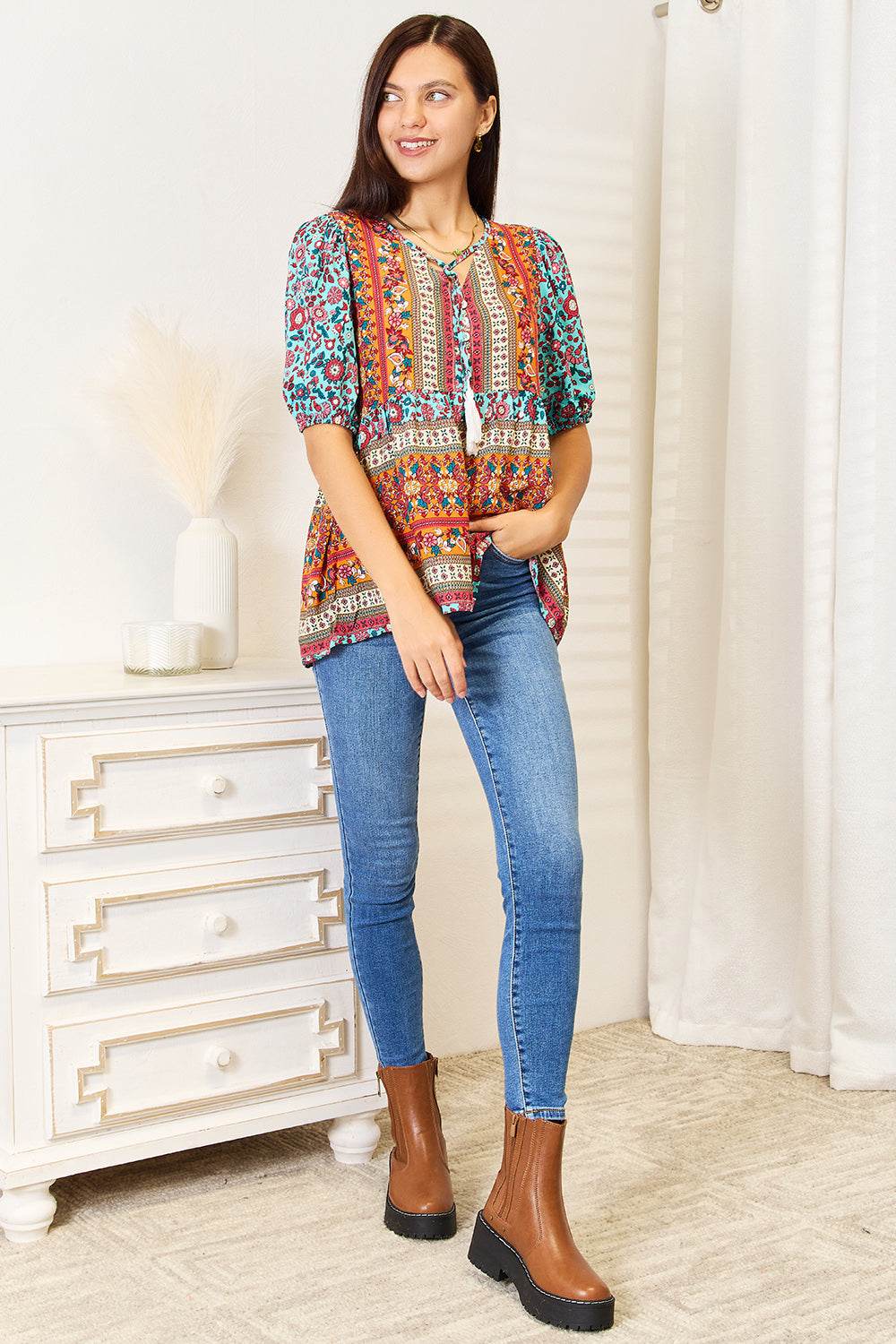 Devine Bohemian Tassel Tie Puff Sleeve Babydoll Blouse Trendsi ec0b0e469b7e4009ae1ea102f7812b62-Max