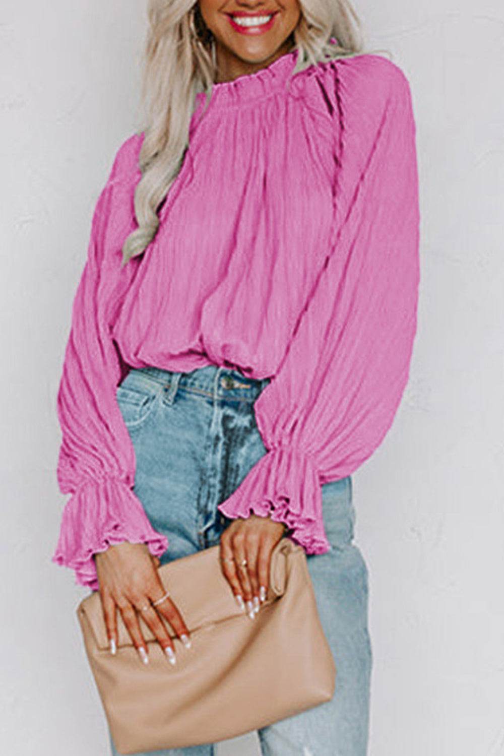 Round Neck Flounce Sleeve Blouse Fuchsia Pink Trendsi ec1512714bce481882671bfa7f4b1247-Max