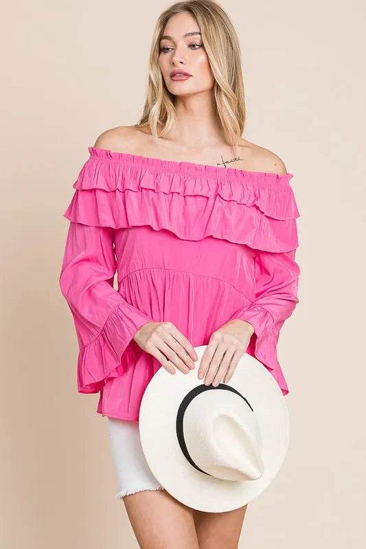 Lime 'N' Chili Ruffled Trumpet Sleeve Off-The-Shoulder Top FUCHSIA Trendsi ec2c8ecf04d144e5a727fdf6c253b073-Max-Origin