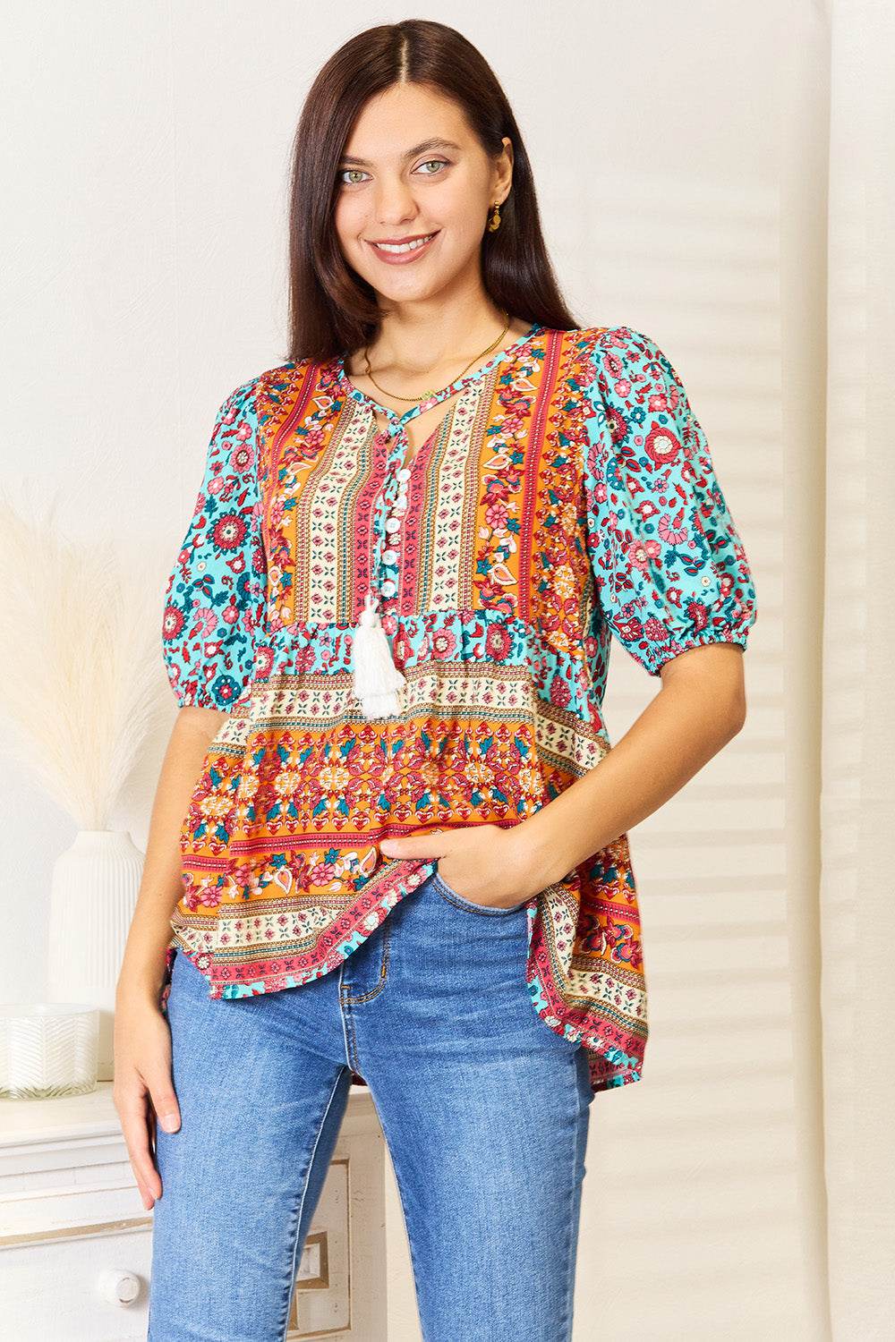 Devine Bohemian Tassel Tie Puff Sleeve Babydoll Blouse Trendsi ec470c6938b9483baf9a2bcb42d844a3-Max