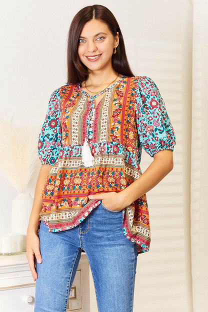 Devine Bohemian Tassel Tie Puff Sleeve Babydoll Blouse Trendsi ec470c6938b9483baf9a2bcb42d844a3-Max