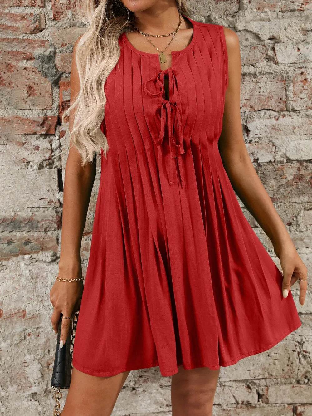 Tied Front Pleated Sleeveless Mini Dress Trendsi ec65666f-43b2-4d43-a0ee-99ed91e1dd83-Max