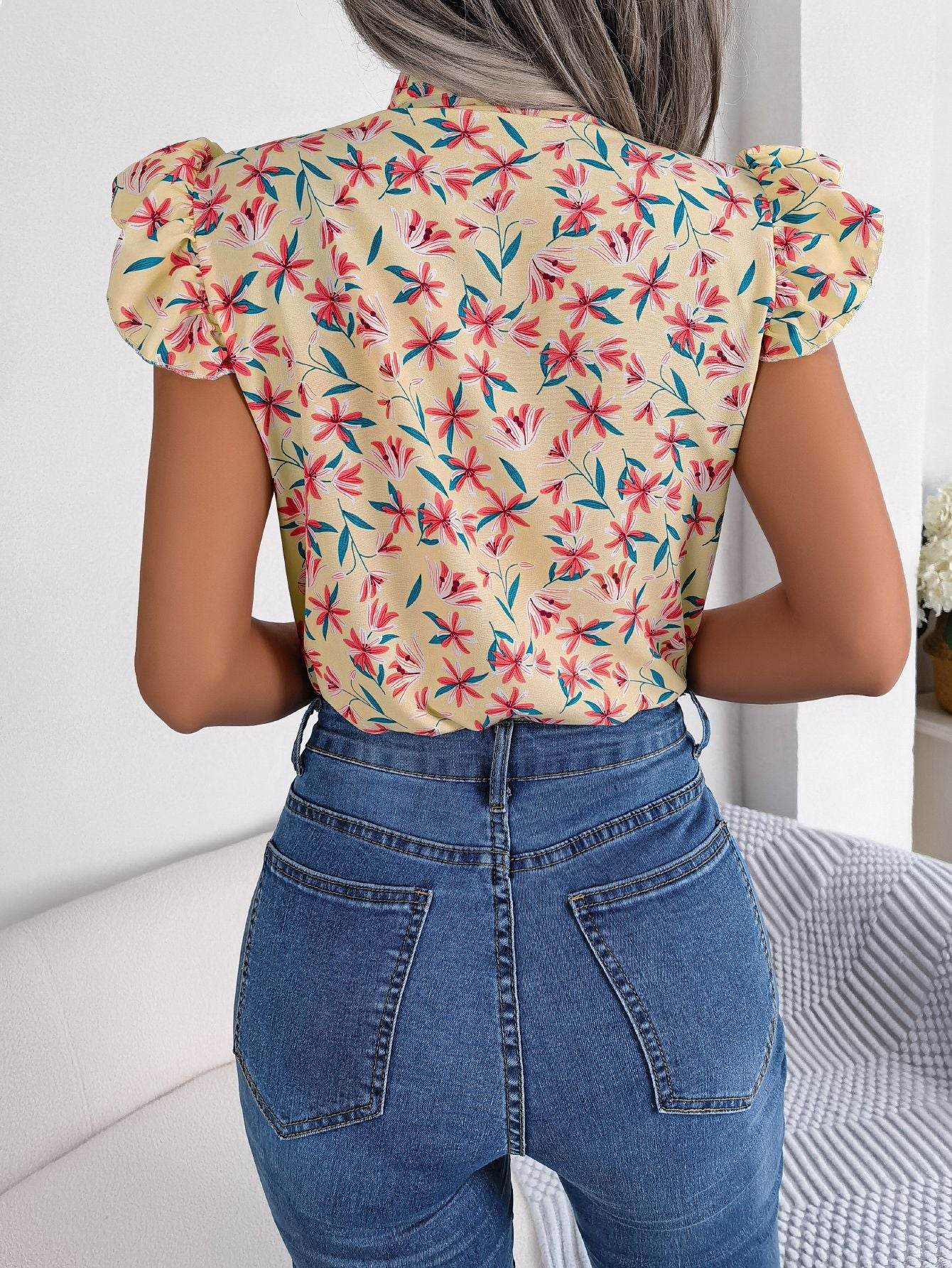 Floral Tie Neck Flutter Sleeve Blouse Trendsi ecbafc61355047129d78debedb81a50a-Max