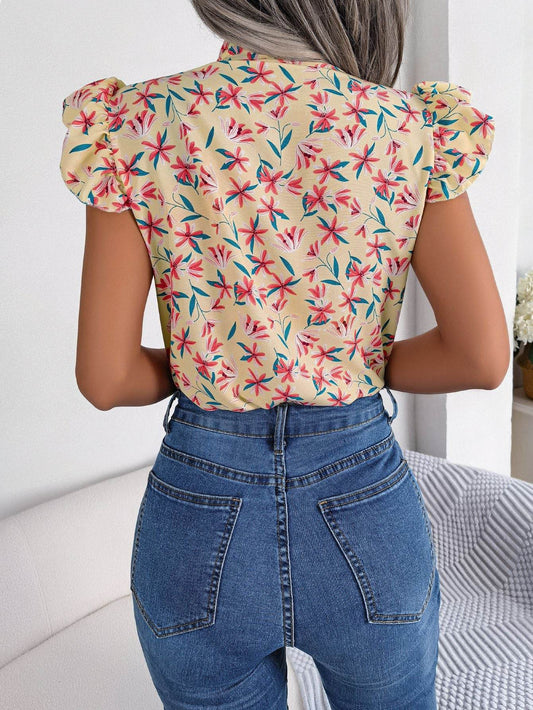 Floral Tie Neck Flutter Sleeve Blouse Trendsi ecbafc61355047129d78debedb81a50a-Max