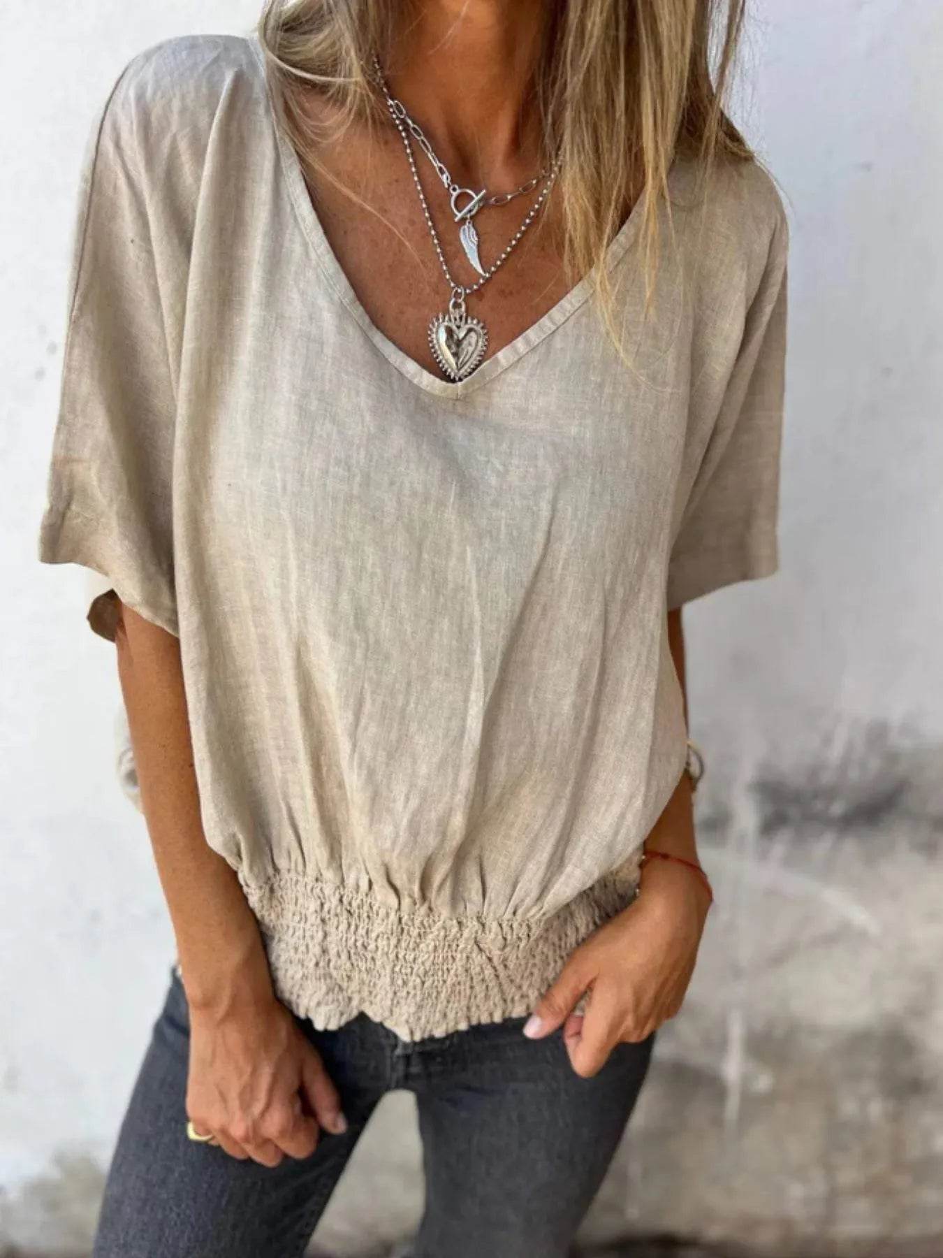 Full Size Smocked Hem V-Neck Relaxed Fit T-Shirt Plus Size Trendsi ecc489b8-61d1-4c35-9f0a-a9e04ae460f6-Max-Origin