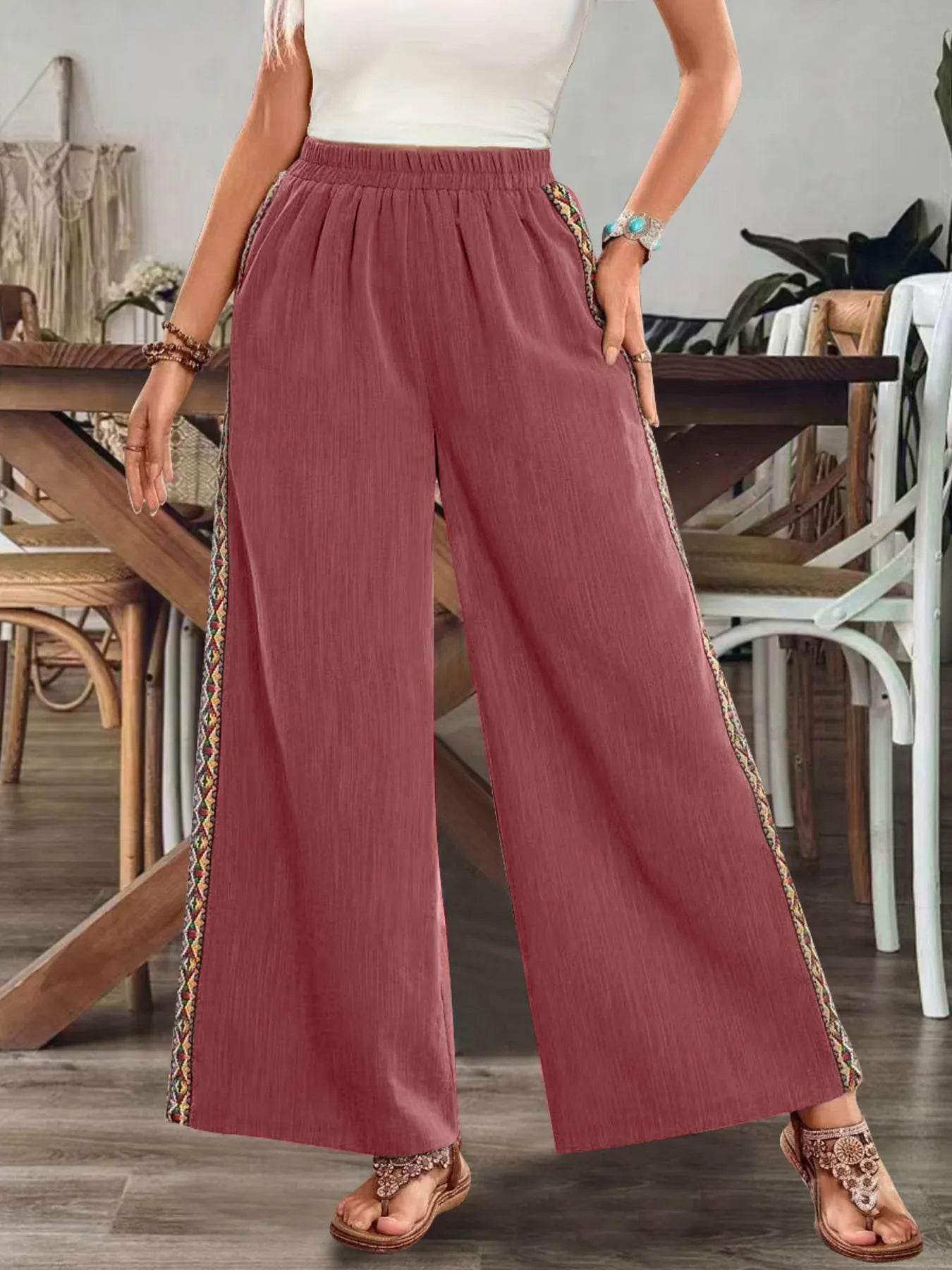 Bohemian Wide Leg Embroidered Side Stripe Pants Rust Trendsi eced4db62442420ea7109de76471ee47-Max-Origin