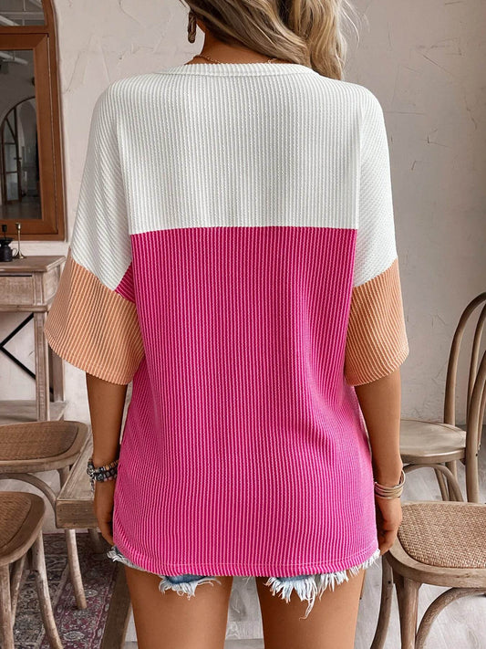 Color Block Ribbed Knit Casual T-Shirt Trendsi ed0c4704a7c2402a89fa80b6d349d585-Max-Origin