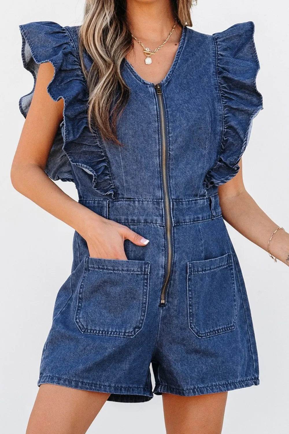Denim Ruffled Zipped Front Belted Romper Trendsi ed0fc3bc-08c3-4907-be3c-67bc010c6099-Max-Origin