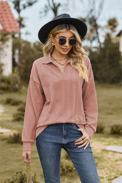 Collared Neck Cable-Knit Long Sleeve Blouse Dusty Pink Trendsi ed221e4449a141839b7550a3e3aae778-Max