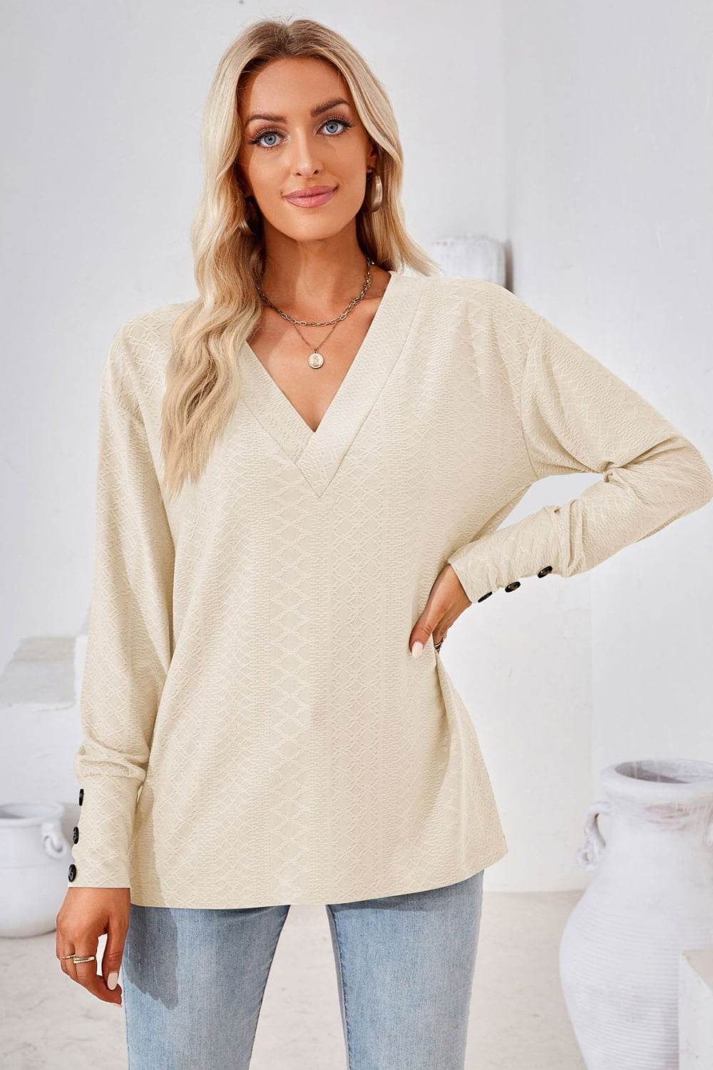 V-Neck Long Sleeve Blouse Trendsi ed2d77b235874126a98642c11c5fff09-Max