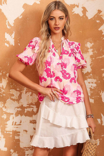 Floral Tie Neck Ruffle Shoulder Blouse Trendsi ed3f96b926f34032af23cd8e866a418f-Max
