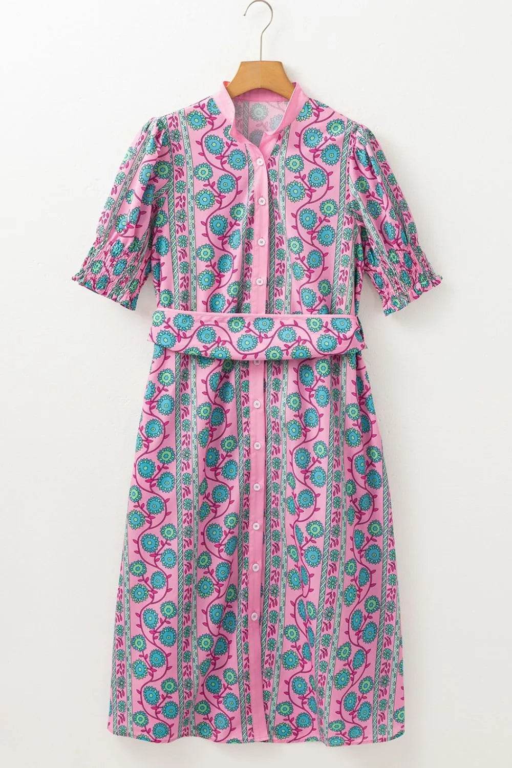 Printed Shirred Sleeve Buttoned Front Midi Dress with Sash Trendsi ed515db0-7cbc-44dc-8de2-6cf0be60beb3-Max