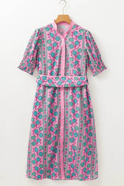 Printed Shirred Sleeve Buttoned Front Midi Dress with Sash Trendsi ed515db0-7cbc-44dc-8de2-6cf0be60beb3-Max