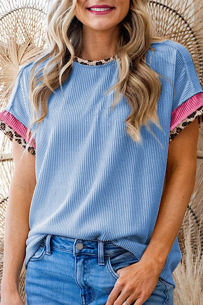 Leopard Trim Round Neck Ribbed T-Shirt Light Blue Trendsi ed54b4f0-5f70-468e-9d04-33974fbedc26-Max-Origin
