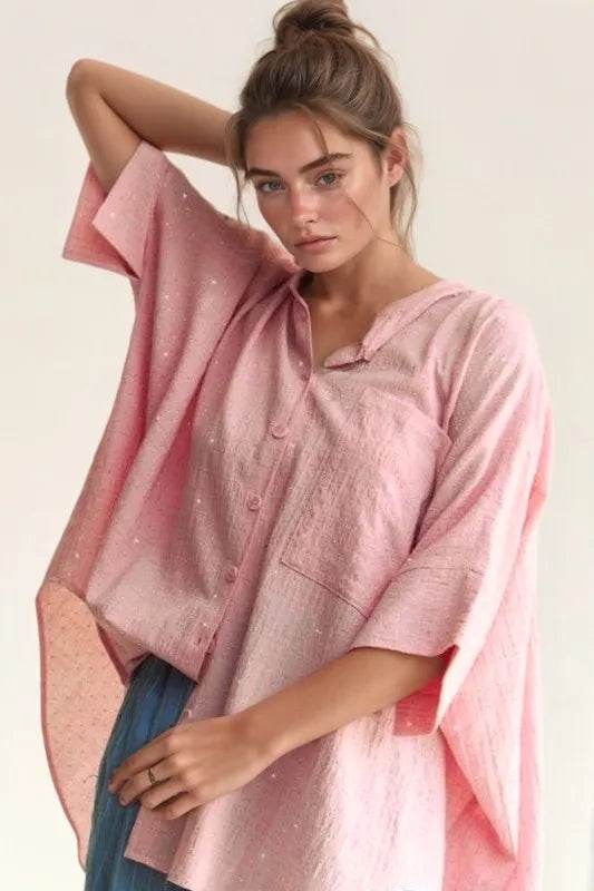 Davi & Dani Rhinestone Pleat Back Short Sleeve Loose Fit Shirt Pink Trendsi ed5ac83e8a214c4abbb6b7f433392861-Max-Origin