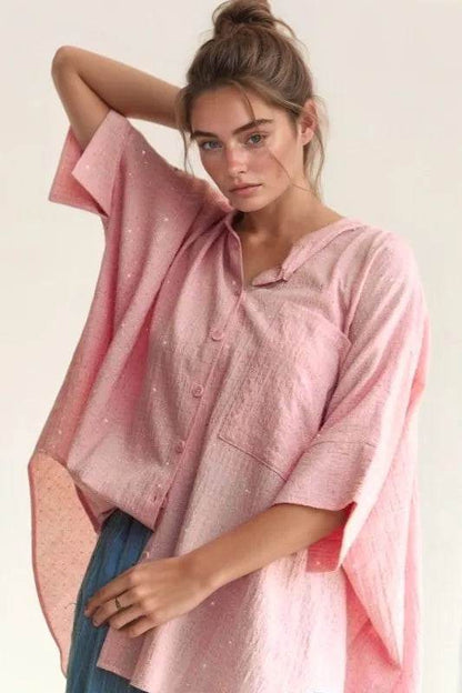 Davi & Dani Rhinestone Pleat Back Short Sleeve Loose Fit Shirt Pink Trendsi ed5ac83e8a214c4abbb6b7f433392861-Max-Origin