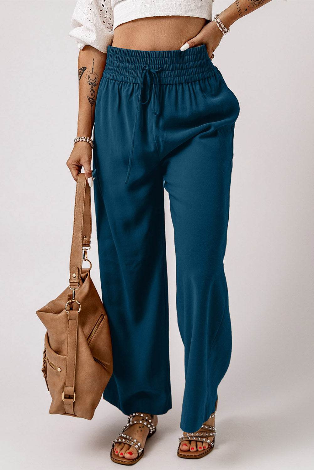 Drawstring Smocked Waist Wide Leg Pants Trendsi ed7337528036401f925f53bd03644099-Max