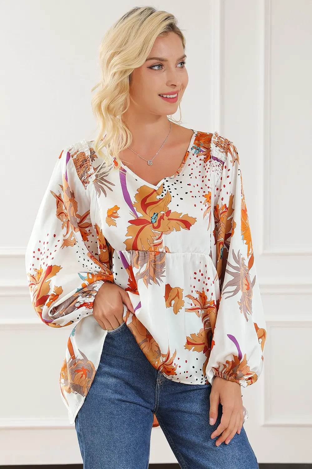 Printed V-Neck Smocked Balloon Sleeve Blouse Trendsi ed913945ef0e4b8380c834b1a95b61d8-Max