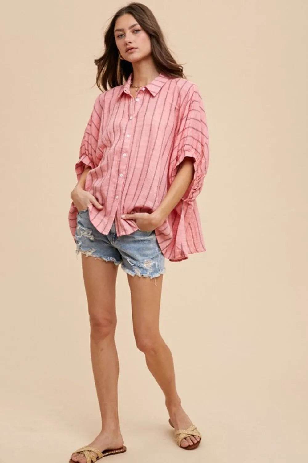 Annie Wear Striped Button Up Half Sleeve Shirt Trendsi ed93eb16-d01f-4bf2-b646-199353150f06-Max