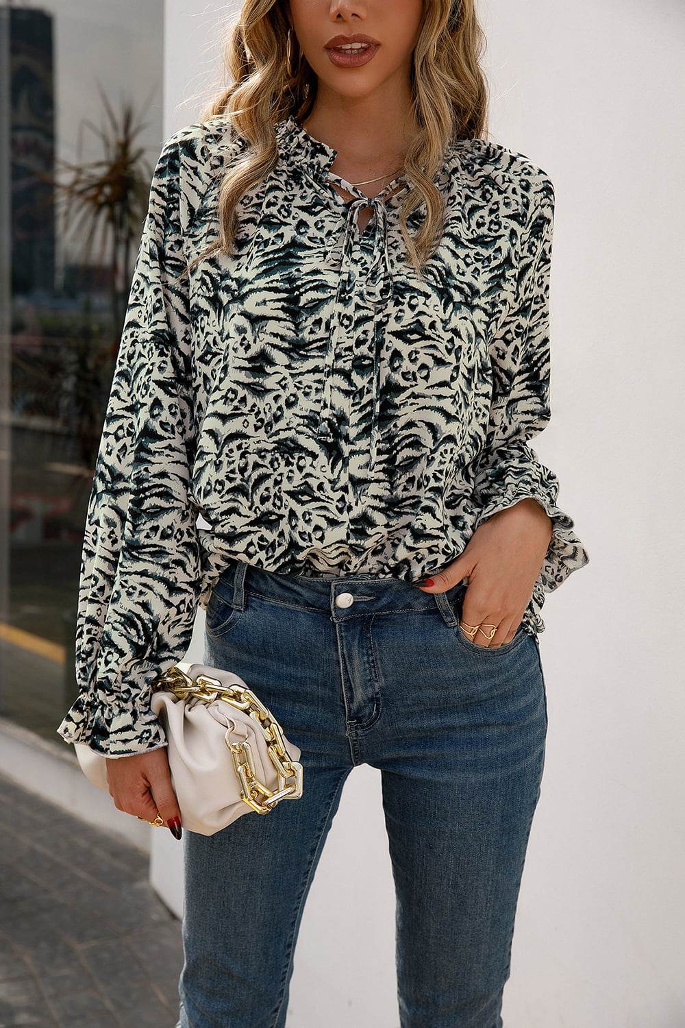 Ivy Lane Printed Tie Neck Frill Trim Flounce Sleeve Blouse Trendsi ed9f3166257945df828ff38cb4362833-Max