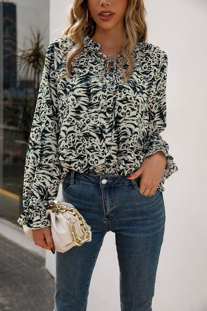Ivy Lane Printed Tie Neck Frill Trim Flounce Sleeve Blouse Trendsi ed9f3166257945df828ff38cb4362833-Max
