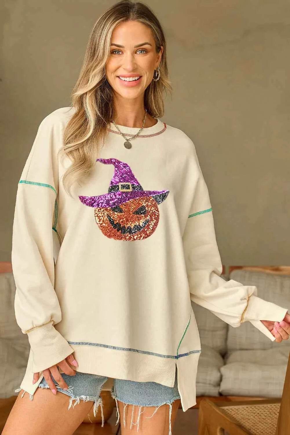 Contrast Stitching Sequin Pumpkin Round Neck Long Sleeve Sweatshirt Ivory Trendsi eda85069-bbab-4873-bb0a-bd45ac6f0990-Max