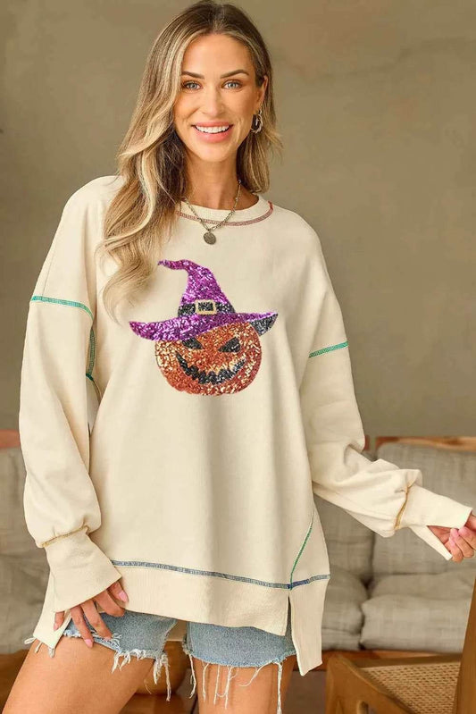 Contrast Stitching Sequin Pumpkin Round Neck Long Sleeve Sweatshirt Ivory Trendsi eda85069-bbab-4873-bb0a-bd45ac6f0990-Max