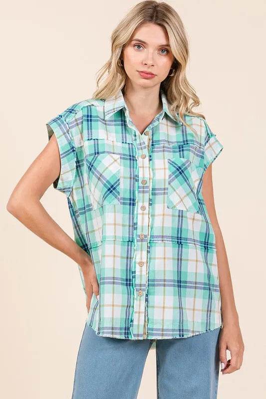 Mittoshop Mineral Wash Plaid Button Down Shirt Turquoise Trendsi edb5ef79-3b42-40df-ac51-3a25059a433b-Max