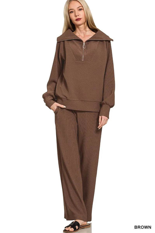 Zenana Ribbed High Neck Half Zip Pullover & Pants Set Trendsi ede3edfdf3f349168168a00b7c2fa9ce-Max-Origin