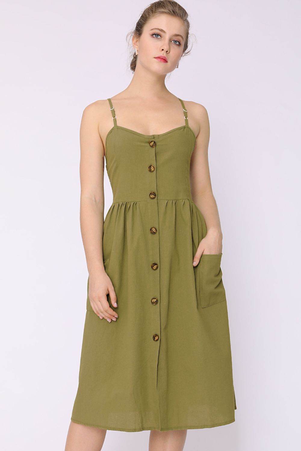 Spaghetti Strap Smocked Dress with Pockets Army Green Trendsi edecbdc099a745d2810cd9d7a70b7cde-Max