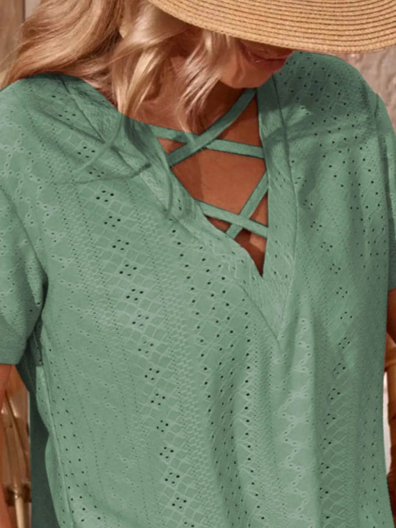 Eyelet Crisscross Short Sleeve T-Shirt Trendsi edefdf36-14ed-4695-a4fc-515b6f80238b-Max-Origin
