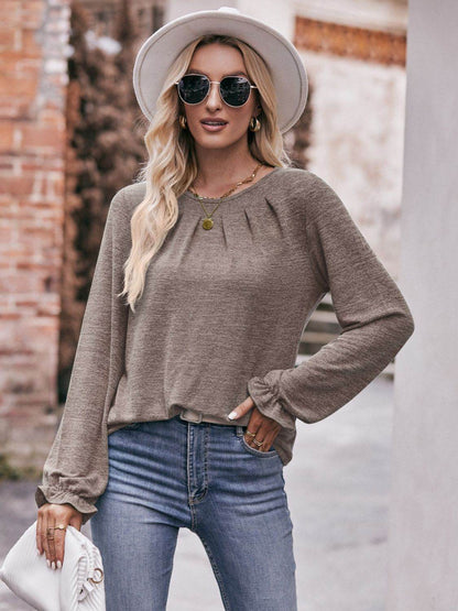 Mandy Long Flounce Sleeve Round Neck Blouse Khaki Trendsi edfd2a27fd5b41938645f565e6393e88-Max